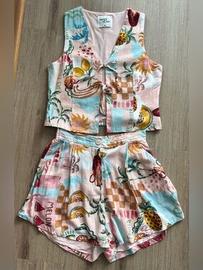 Linen Blend Sz M Paper Heart 2 Piece Set Summer Print in Pastel Pink & Aqua